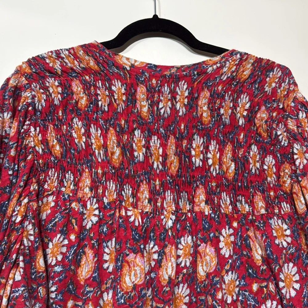 Free People Floral Red Floral Raw Hems Smocked Angel Sleeve Women's Top Size XL - Picture 7 of 9